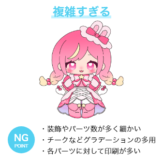 複雑すぎる NGPOINT・装飾やパーツ数が多く細かい・チークなどグラデーションの多用・各パーツに対して印刷が多い