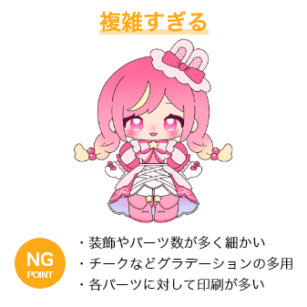 複雑すぎる NGPOINT・装飾やパーツ数が多く細かい・チークなどグラデーションの多用・各パーツに対して印刷が多い